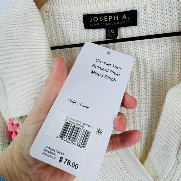 Joseph A. XXL Cream Johnny Collar Crochet Granny Square Sweater NWT Size XXL - Picture 5 of 11